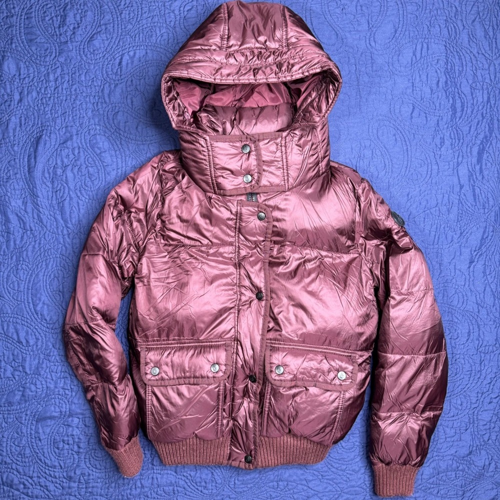 Abercrombie & Fitch Womens XS Burgundy Metallic Puffer Jacket Hooded Fleece